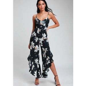 SOLD Lulus Bellis Charcoal Grey Floral Print Jumpsuit Size Medium
